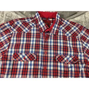 Haupt Button Up Shirt S/S Red/Blue Gingham Check Plaid Modern Fit Medium‎
